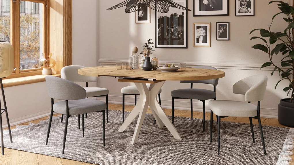 Mazzoni RENZO Artisan Tölgy/bézs láb (pezsgő) - KEREK ASZTAL Ø110 180 cm-re BŐVÍTHETŐ | A KONYHÁBA ÉTKEZŐBE NAPPALIBA RETRO