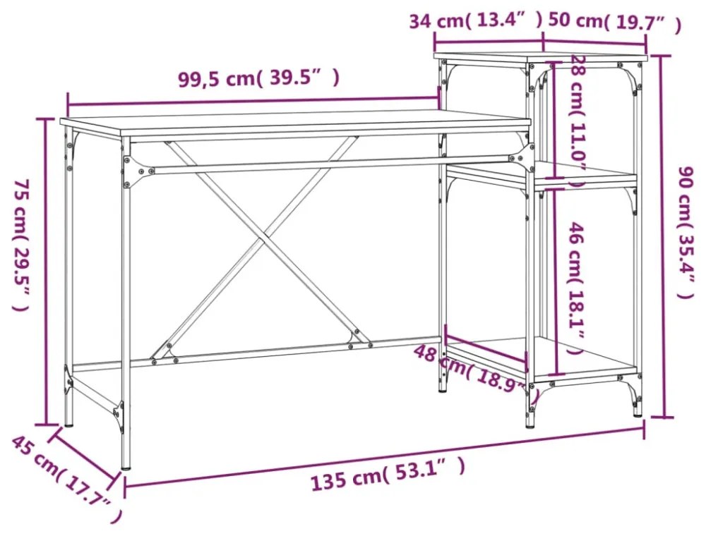 füstös tölgy szerelt fa és vas íróasztal polcokkal 135x50x90 cm