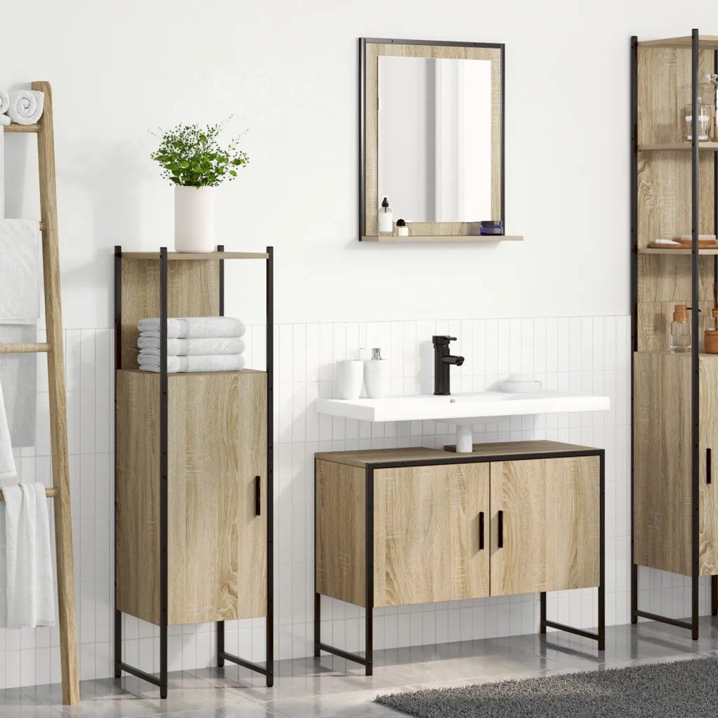 3 részes fürdőszoba bútor készlet Sonoma tölgy mérnökfából, Fürdőszoba tükör polccal Sonoma tölgy 50x12x60 cm mérnökfából