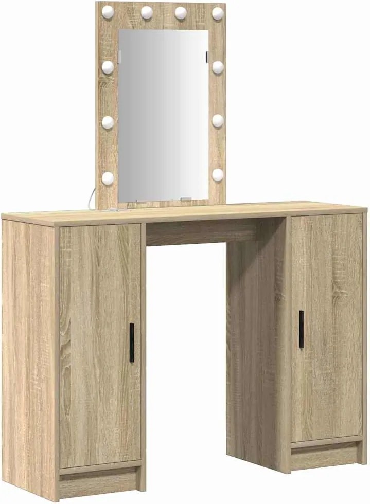 vidaXL Öltözködőasztal tükör lámpákkal Barna 102 x 33 x 135 cm Faanyag