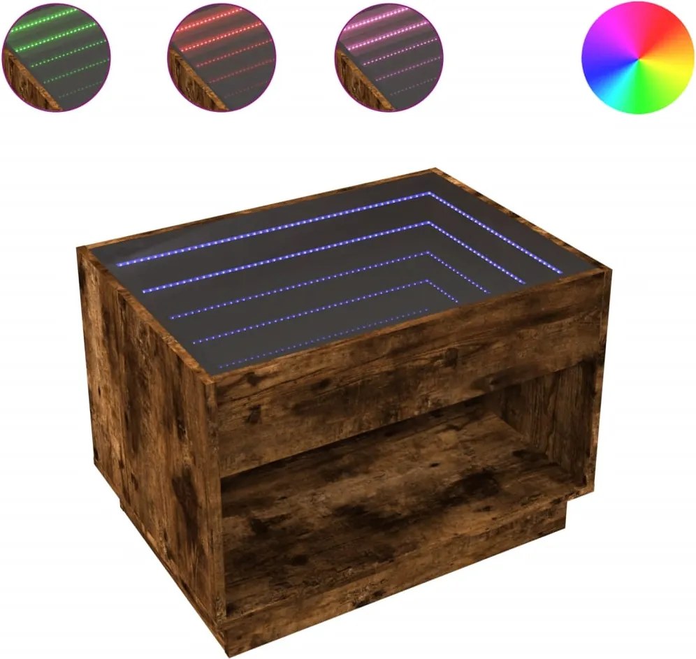 vidaXL füstös tölgy végtelen hatású LED-es dohányzóasztal 70x50x50 cm