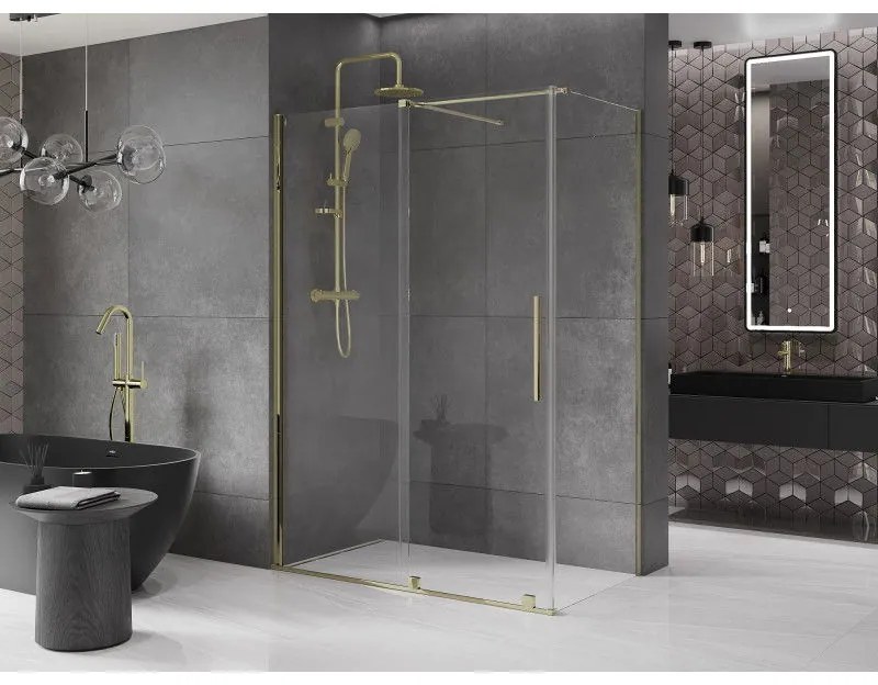 Mexen Velar, zuhanykabin tolóajtóval 140 (ajtó) x 85 (fal) cm, 8mm átlátszó üveg, arany fényes, 871-140-085-01-50