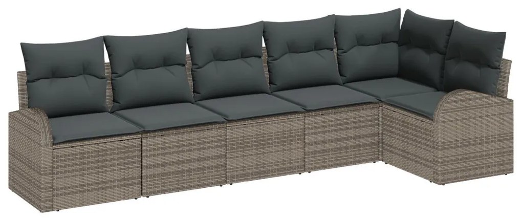 6 részes kerti kanapé szett párnákkal, szürke poli rattan, 2 személyes kerti kanapé tárolóval és párnákkal, szürke poli rattan