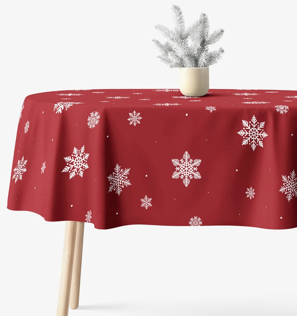 Goldea ovális pamut terítő - hópelyhek piros alapon 140 x 180 cm