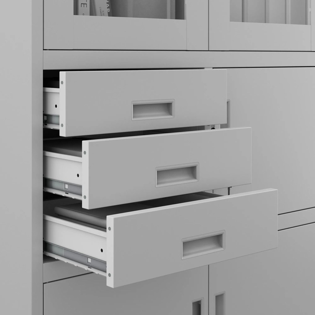 Fém iratszekrény széffel, vitrinnel és fiókokkal FILIP, 900 x 1850 x 400 mm, szürke
