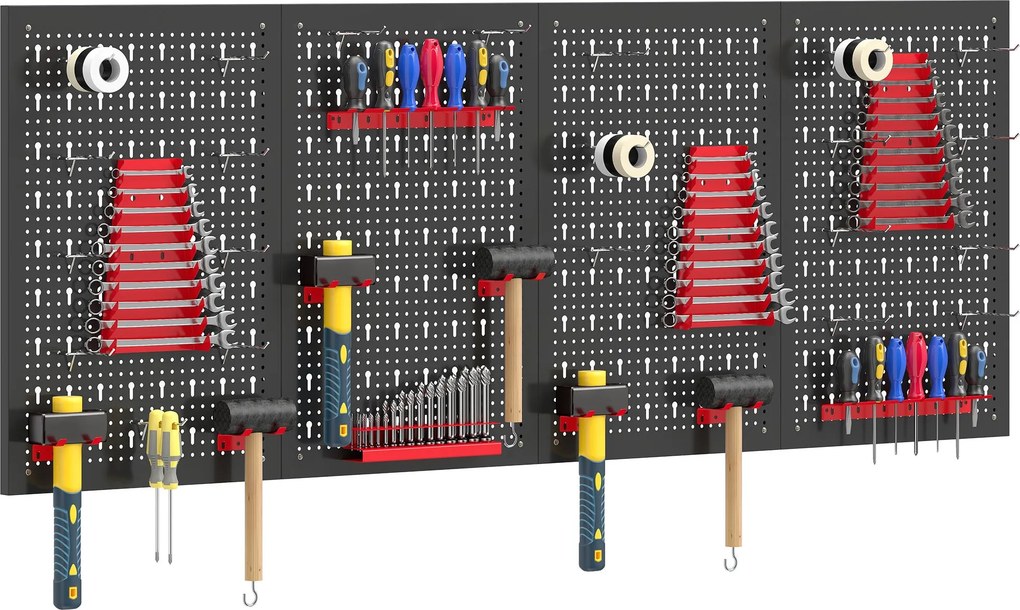 HOMCOM fali pegboard tárolórendszer, 4×60×40 cm panelek, 38 részes garázs szerszámrendező, fekete/piros | Aosom