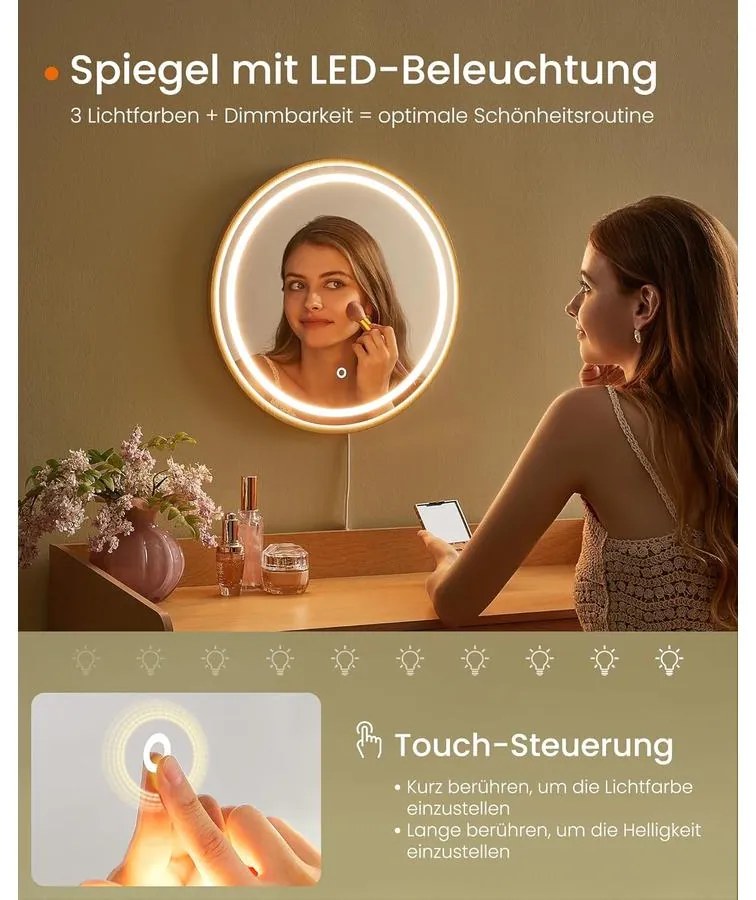 Fésülködőasztal tükörrel és világítással bézs színben