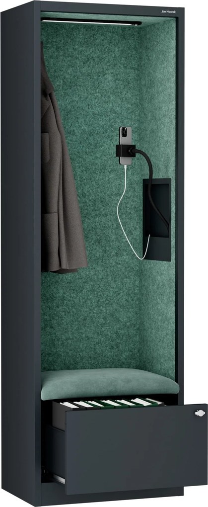 Irodai hangszigetelő fülke ülőkével és USB-C csatlakozóval, antracit színű váz / zöld ülőke, 600 mm: SALLY MentalBox