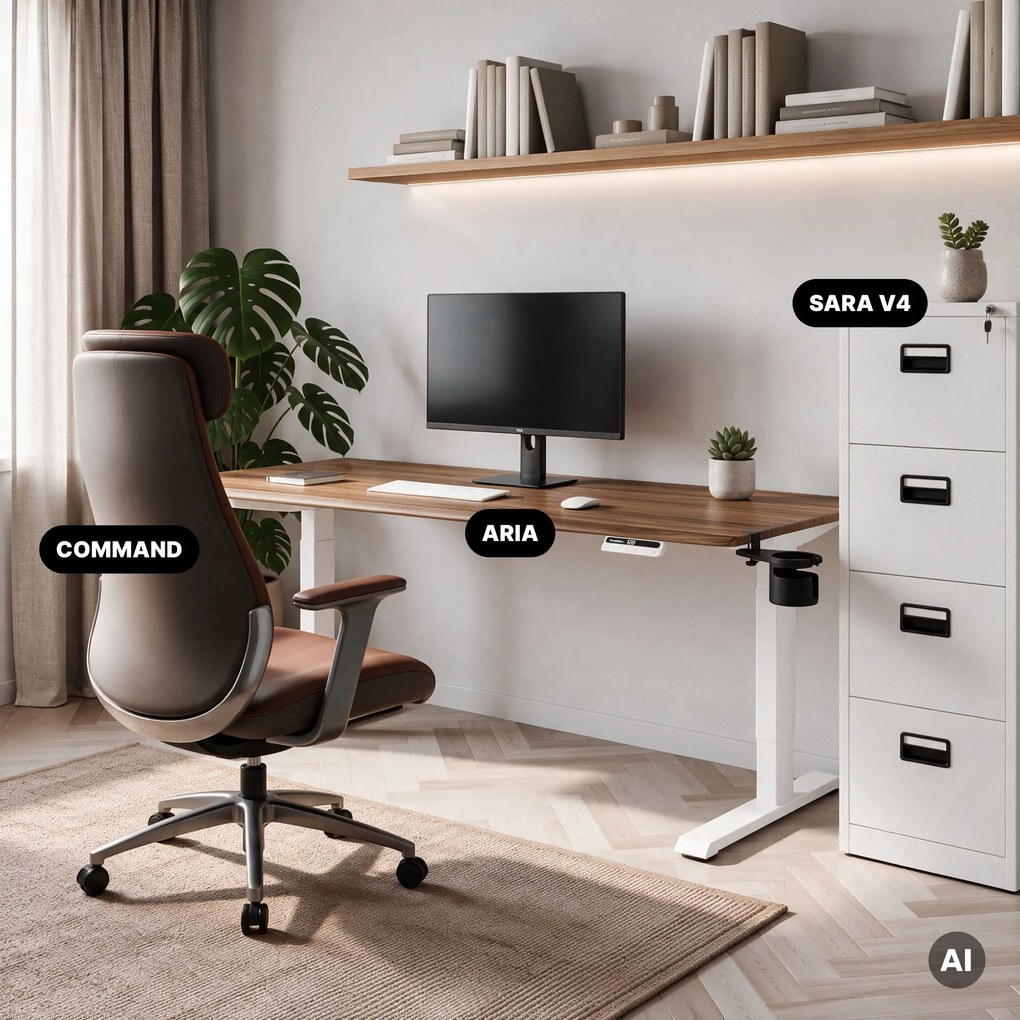Elektromos, állítható magasságú, ergonomikus, fehér/dió íróasztal,1600x800 mm: ARIA