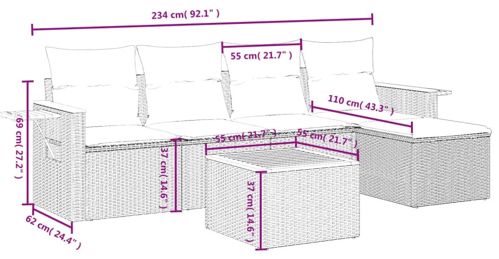 6 részes bézs polyrattan kerti ülőgarnitúra párnával