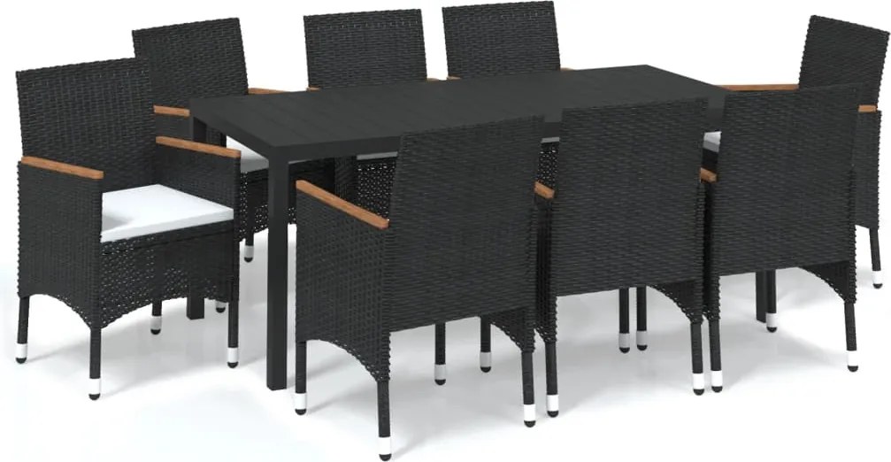 vidaXL 9 részes fekete polyrattan kerti étkezőgarnitúra párnákkal