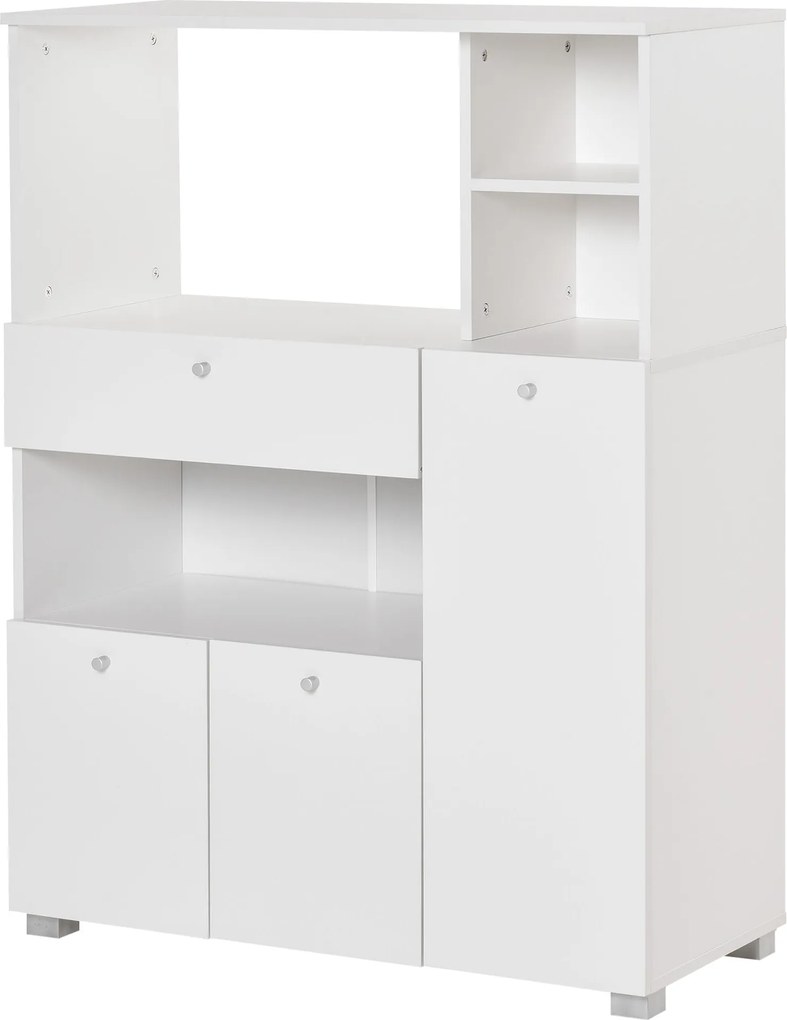 HOMCOM Konyhai Tároló Szekrény Mikrohullámú Sütő Kocsi Konyhai Oldalaszekrény Fiókkal, Polcokkal, 3 Ajtóval és 3 Rekesszel, Antitipping Dizájn, Étkező