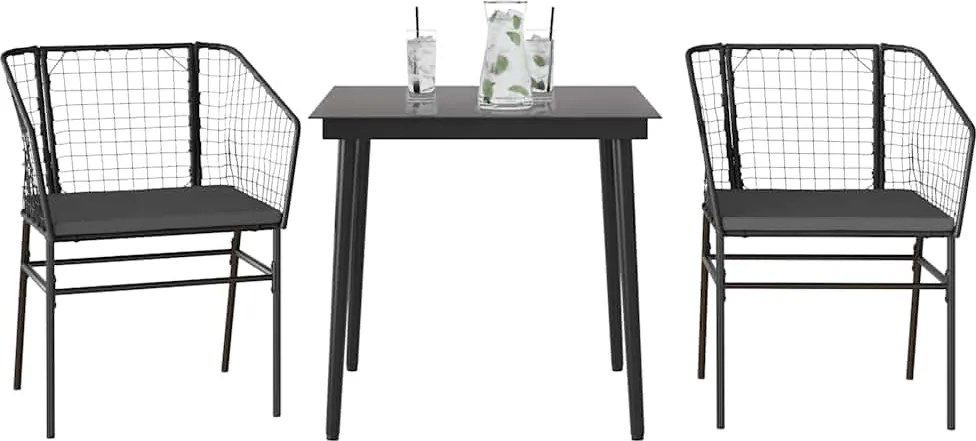 vidaXL 3 részes fekete polyrattan üveg kerti étkezőgarnitúra párnákkal