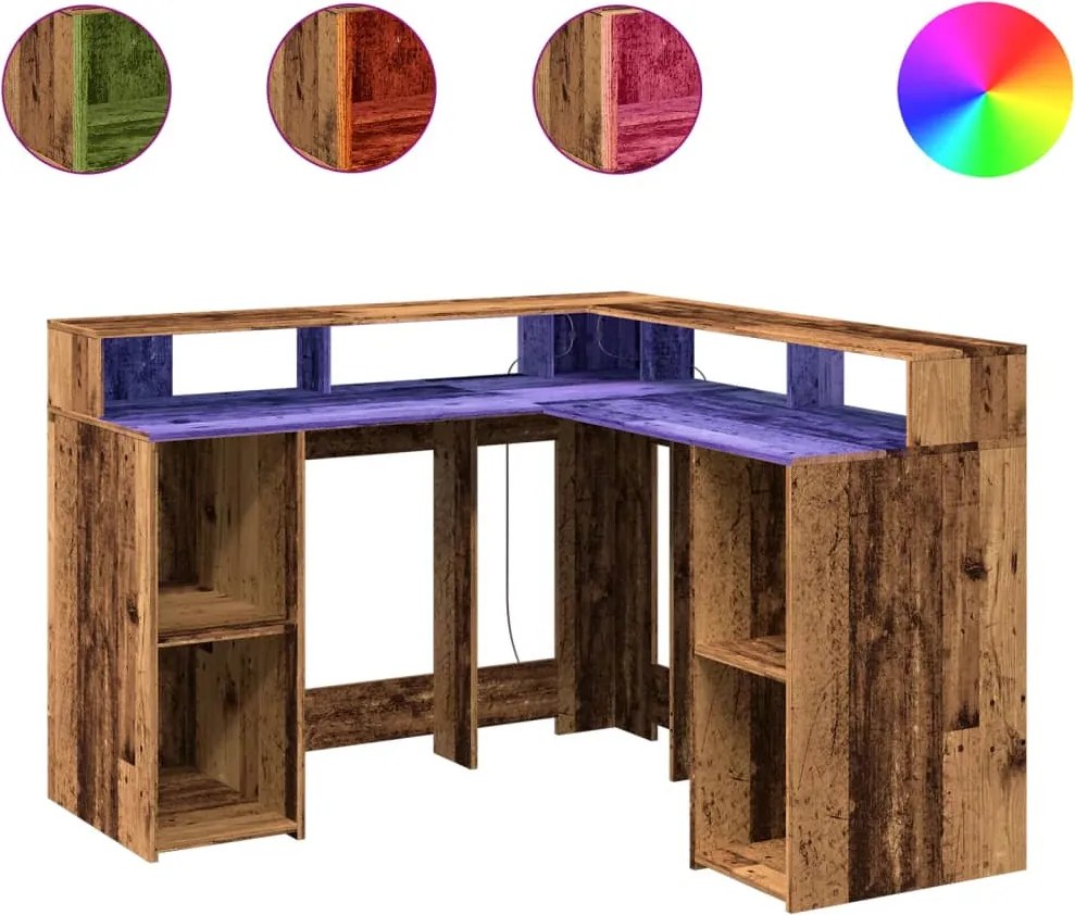 vidaXL antik fa színű szerelt fa íróasztal LED-ekkel 130 x 130 x 91 cm