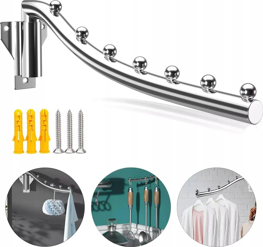 Összecsukható Ruhaakasztó, Falra Szerelhető, 7 Akasztóval, 180°-BAN Elforgatható