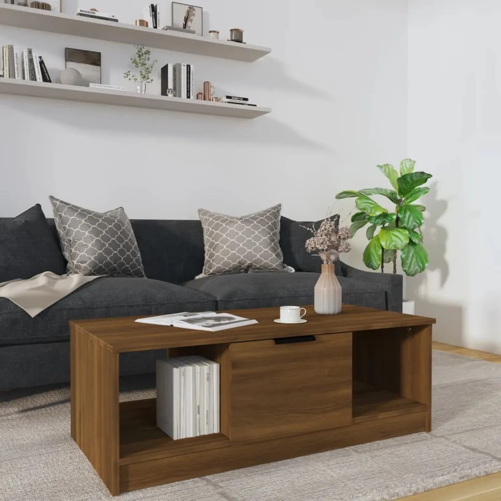 Barna tölgyszínű szerelt fa dohányzóasztal 102 x 50 x 36 cm