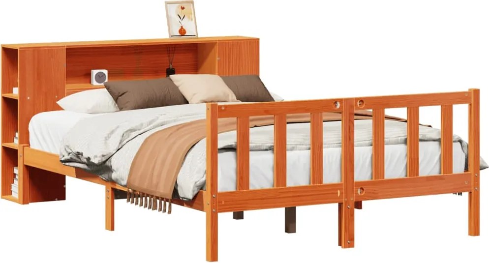 vidaXL barna tömör fenyőfa könyvespolcos ágy matrac nélkül 140 x 190cm