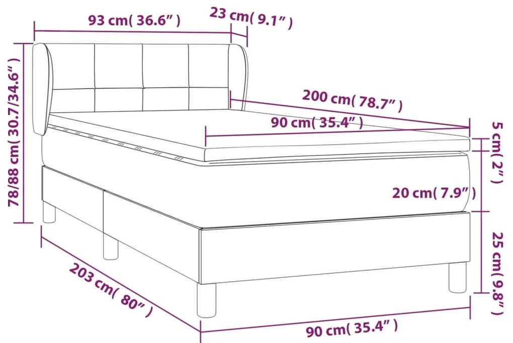 sötétszürke bársony rugós ágy matraccal 90 x 200 cm