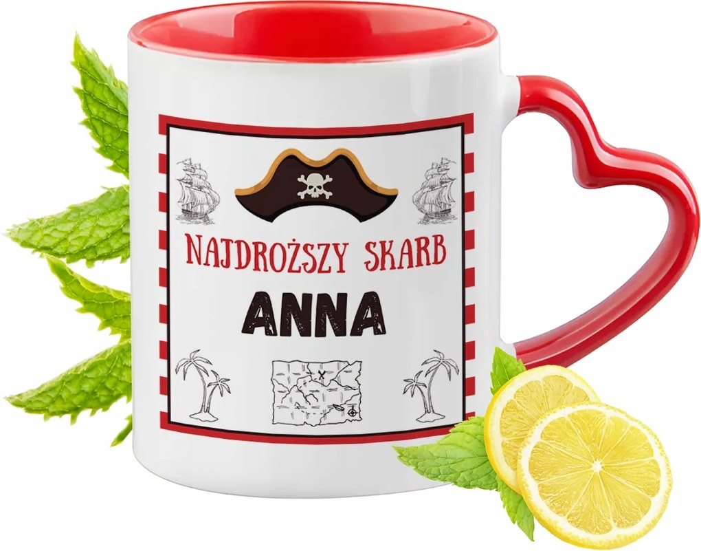 Piros bögre szív alakú füllel Anna számára Ajándék