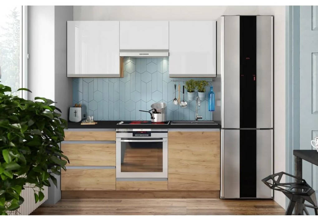 Konyhablokk MARINA 180 cm, craft tölgy/fényes fehér