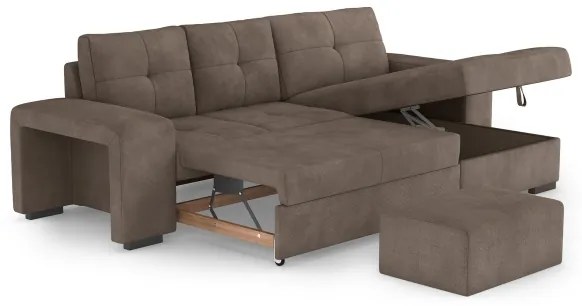 PALERMO barna jobb oldali kihúzható kanapé tárolóval és puffal