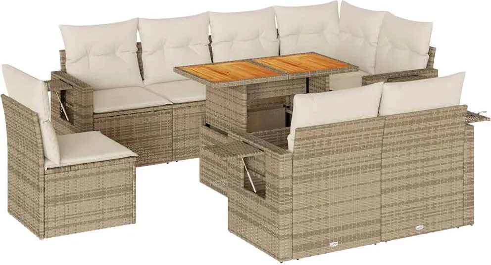 vidaXL 9 részes bézs polyrattan kerti ülőgarnitúra párnákkal