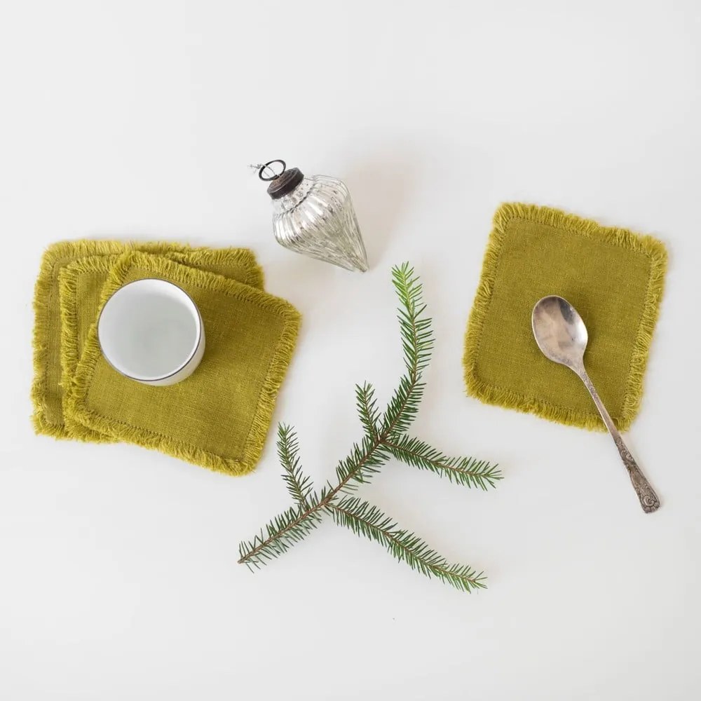 Classic 4 db-os zöld len poháralátét szett, 10 x 10 cm - Linen Tales