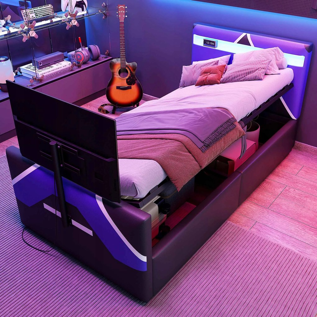 LED-es gyerekágy 90x200 cm hidraulikus Pu Tv állvány