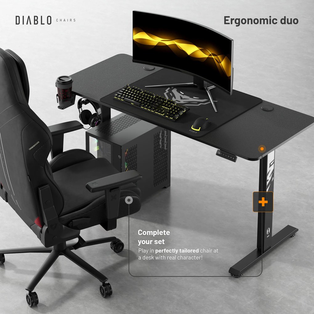 Elektromosan magasságban állítható íróasztal 140 cm fekete: Diablo X-Tensio 1400