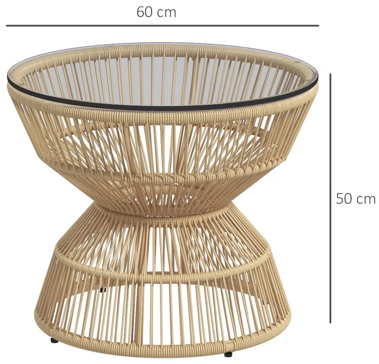 Kerek rattan kerti asztal, 60 cm átmérő, edzett üveg asztallappal