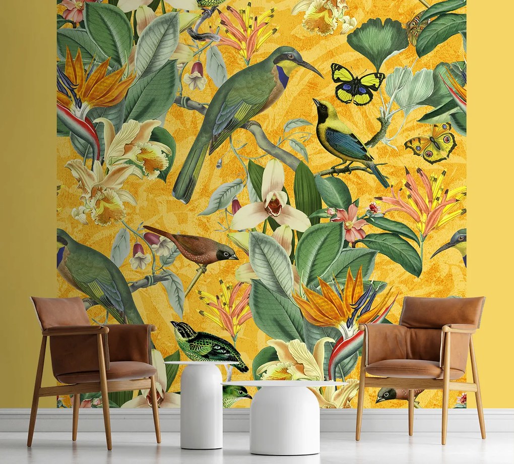Gario Fotótapéta Sárga absztrakciós madarak a zöld ágon - Andrea Haase Anyag: Vlies, Méret: 200 x 200 cm