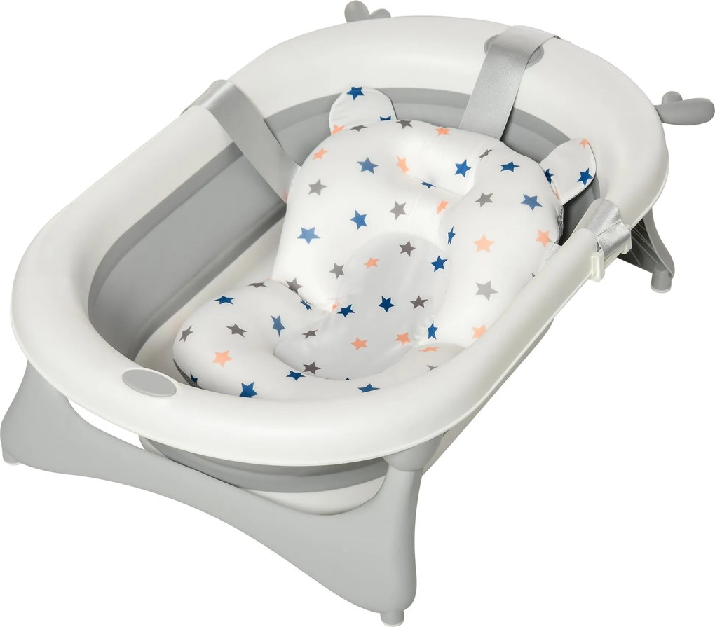 HOMCOM Összecsukható Baba Fürdőkáda 0-3 Éveseknek 81.5x50.5x23.5 cm Thermoszenzitív Dugóval, Párnával és Csúszásgátló Párnákkal Szürke | Aosom