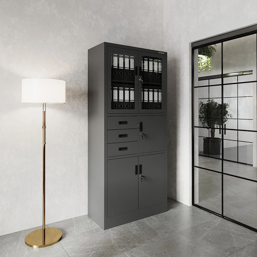 Fém iratszekrény széffel, vitrinnel és fiókokkal FILIP, 900 x 1850 x 400 mm, antracit