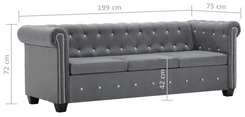 szürke 3 személyes bársony Chesterfield kanapé 199x75x72 cm