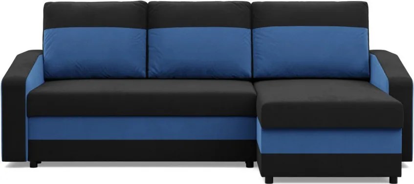 Hewlet sarokkanapé, 2 ágyneműtartóval, szövet anyag, univerzális oldal, bonell töltet, fekete - kék