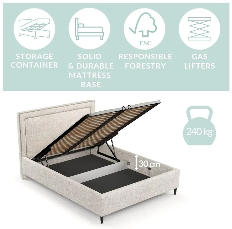 Világosszürke kárpitozott ágyneműtartós franciaágy ágyráccsal 140x200 cm Baleine – Maison de Rêve