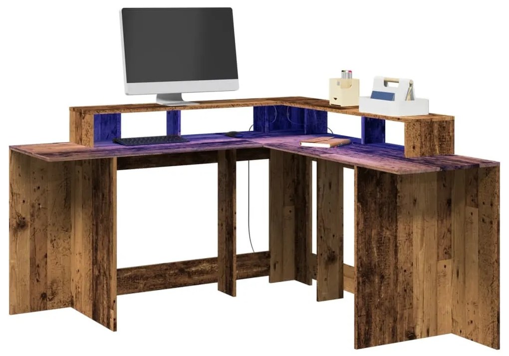antik fa színű szerelt fa íróasztal LED-ekkel 152 x 152 x 91 cm