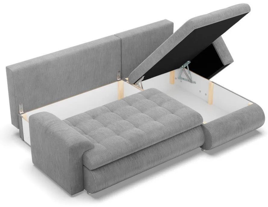 Tokio sarokkanapé, 2 ágyneműtartóval, kordbársony, jobboldali, szürke