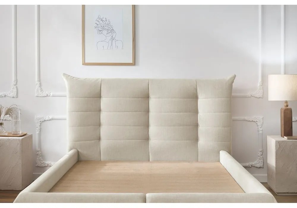 Bézs kárpitozott franciaágy tárolóhellyel, ágyráccsal 160x200 cm Clothilde – Bobochic Paris