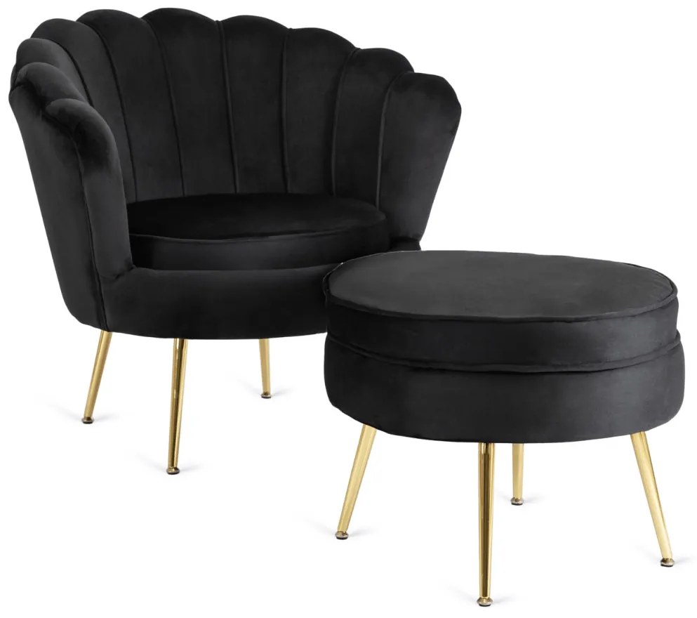 Fotel GRAND z Podnóżkiem Czarny Welurowy