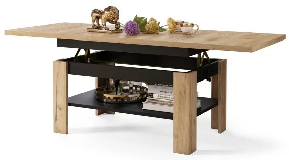 Bővíthető dohányzó-/étkezőasztal emelhető asztallappal ROY craft tölgy/fekete