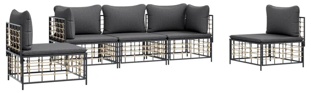 5 részes antracitszürke polyrattan kerti ülőgarnitúra párnákkal