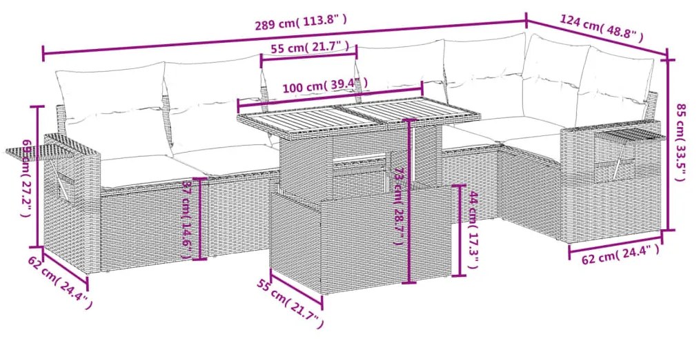 7 részes fekete polyrattan kerti ülőgarnitúra párnával