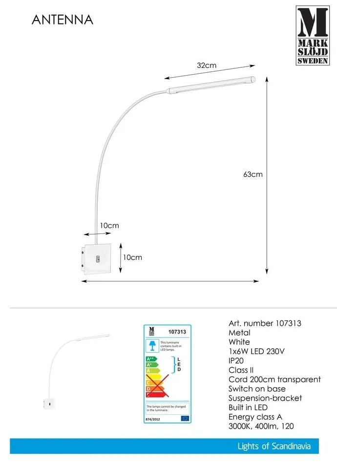 Antenna 1L fehér fali lámpa - Markslöjd
