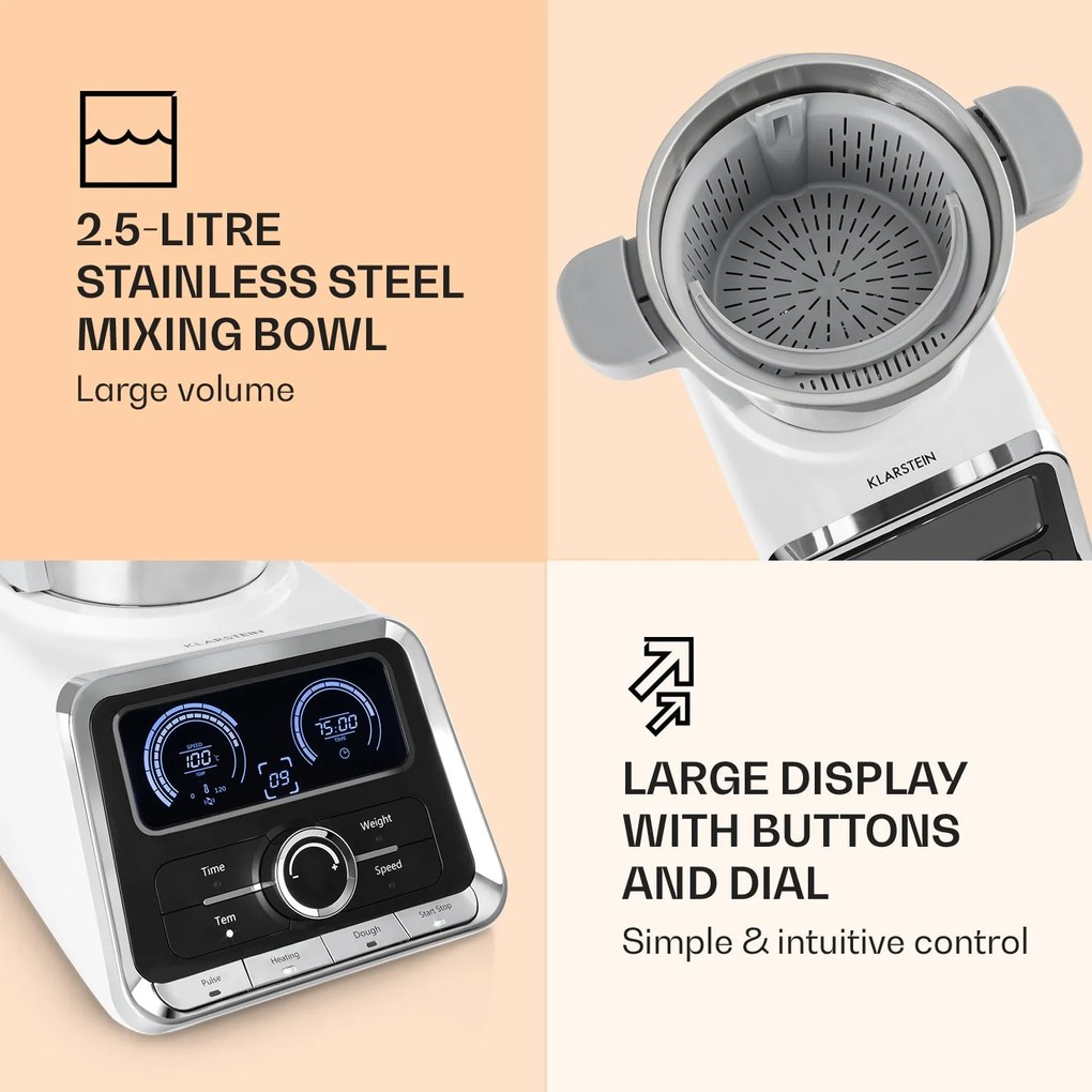 Klarstein GrandPrix konyhai robotgép, 500 W/1000 W, 2,5 L nemesacél keverőtál, fehér