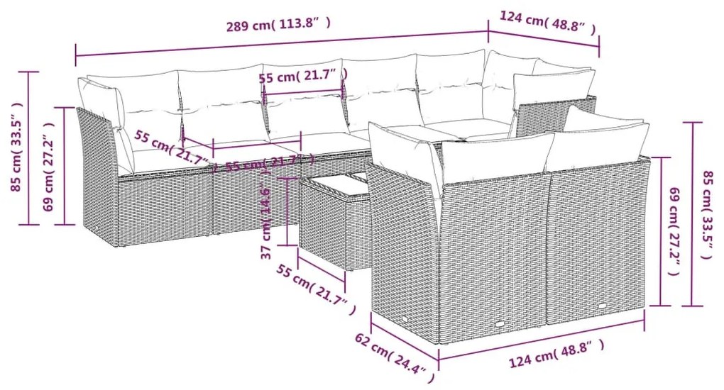 9 részes fekete polyrattan kerti ülőgarnitúra párnákkal