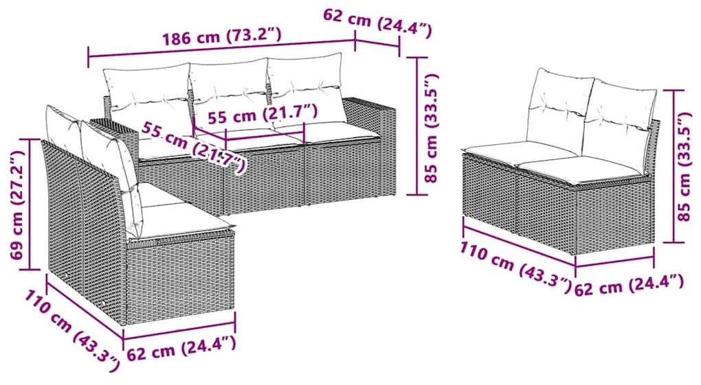7 részes világosszürke polyrattan kerti ülőgarnitúra párnákkal