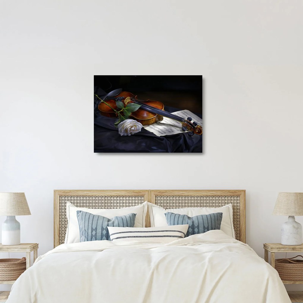 Üveg kép - Rózsa és hegedű (70x50 cm)