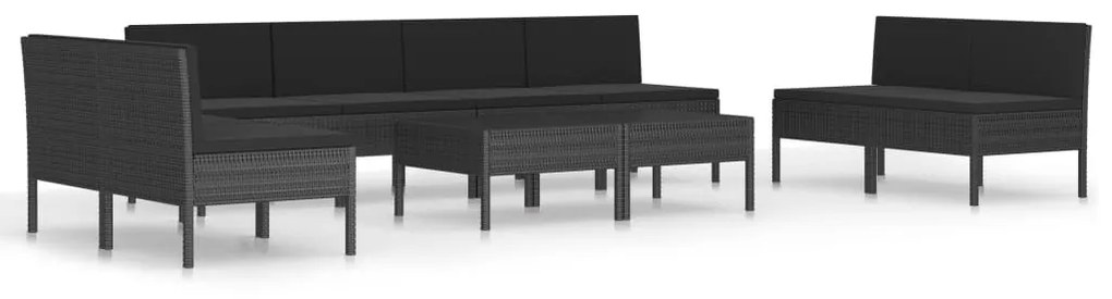 10 részes fekete polyrattan kerti bútorszett párnákkal