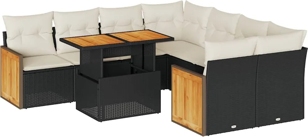 vidaXL 9 részes fekete polyrattan akácfa kerti ülőgarnitúra párnákkal